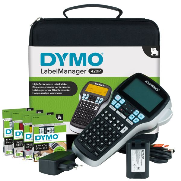 DYMO LabelManager 420P hoogpresterende oplaadbare draagbare labelmakerkit | ABC-toetsenbord met 4 rollen D1-labels en draagkoffer (S0915480)
