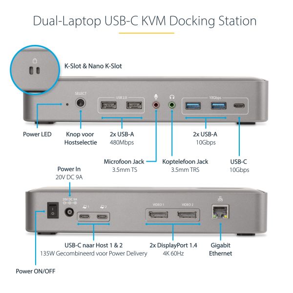 StarTech.com Dual-Laptop USB-C KVM Docking Station, Dual Monitor 4K 60Hz DisplayPort Dock, 5-Port USB Hub, GbE, 90W/45W Power Delivery voor Twee Laptops, Windows/Mac, Dual Host KVM Dock (129UE-USBC-KVM-DOCK)