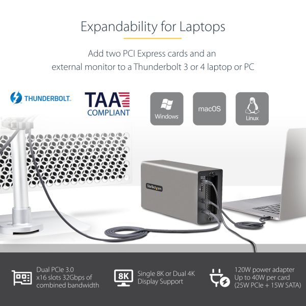 StarTech.com Thunderbolt 3 PCIe Box, Externe Behuizing met Twee PCI Express Slots, PCIe Expansion Chassis voor Laptops/Desktops/All-In-Ones, 8K/4K Output Via TB3/DP 1.4 Poorten, Voor Video Capture/Glasvezel/Ethernet Kaarten (2TBT3-PCIE-ENCLOSURE)