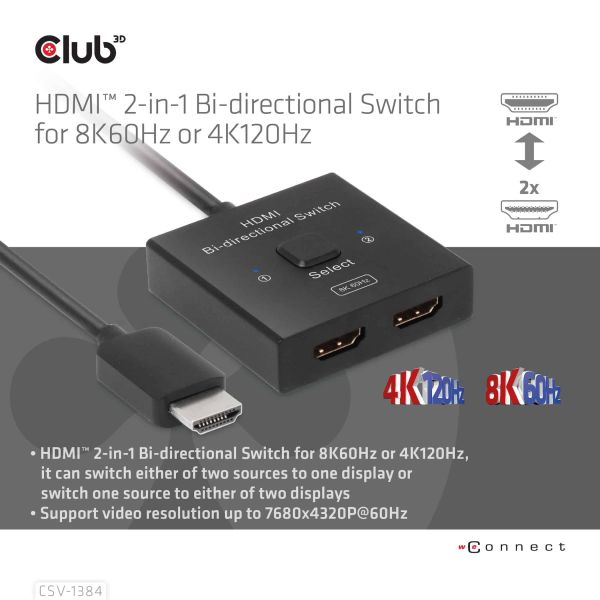 CLUB3D HDMI 2-in-1 Bi-directional Switch for 8K60Hz or 4K120Hz (CSV-1384)
