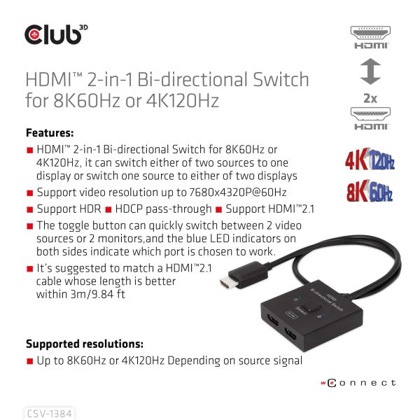 CLUB3D HDMI 2-in-1 Bi-directional Switch for 8K60Hz or 4K120Hz (CSV-1384)