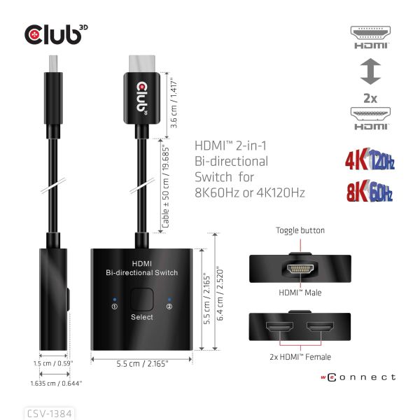 CLUB3D HDMI 2-in-1 Bi-directional Switch for 8K60Hz or 4K120Hz (CSV-1384)