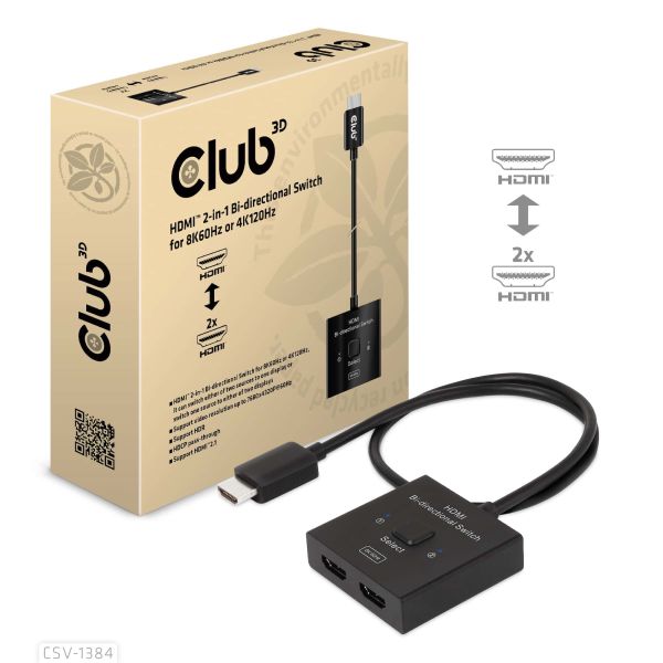 CLUB3D HDMI 2-in-1 Bi-directional Switch for 8K60Hz or 4K120Hz (CSV-1384)