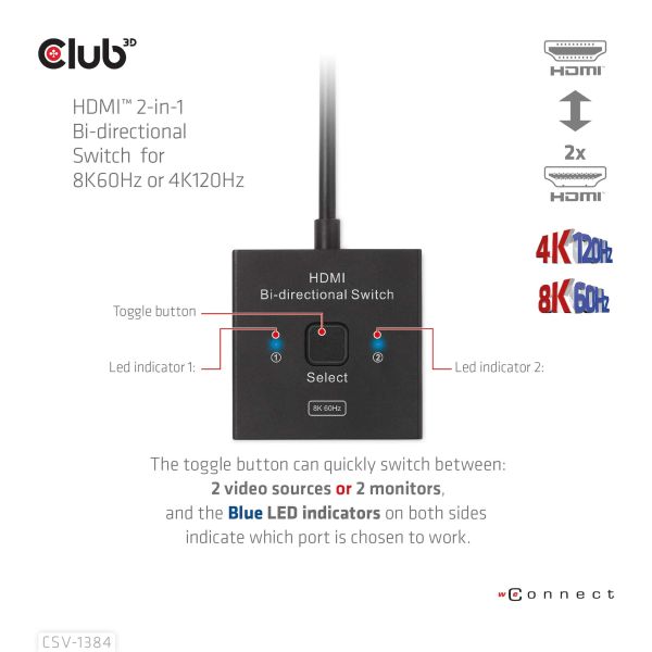 CLUB3D HDMI 2-in-1 Bi-directional Switch for 8K60Hz or 4K120Hz (CSV-1384)