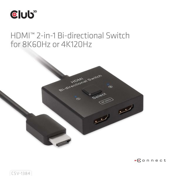 CLUB3D HDMI 2-in-1 Bi-directional Switch for 8K60Hz or 4K120Hz (CSV-1384)