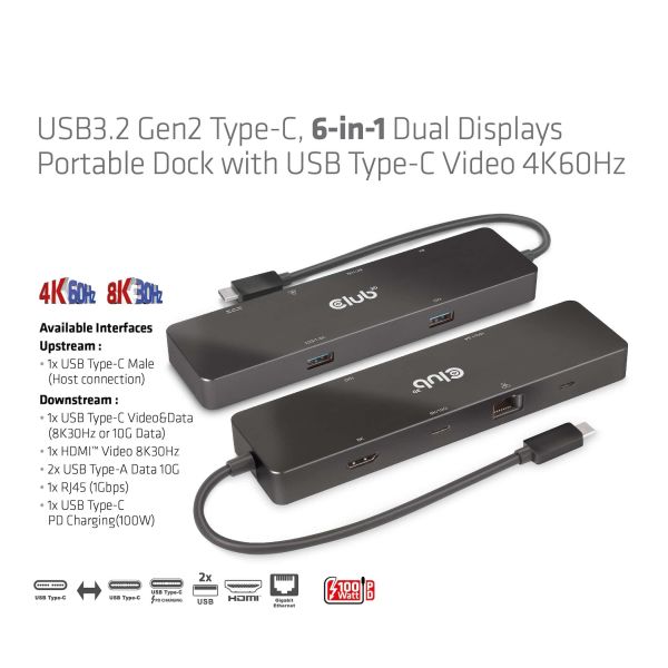 CLUB3D USB3.2 Gen2 Type-C, 6-in-1 Dual Displays Portable Dock with USB Type-C Video 4K60Hz (CSV-1584)