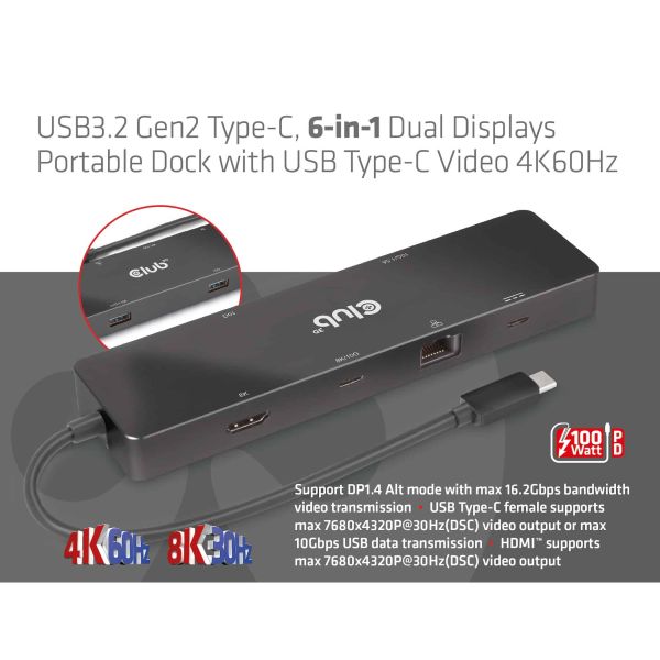 CLUB3D USB3.2 Gen2 Type-C, 6-in-1 Dual Displays Portable Dock with USB Type-C Video 4K60Hz (CSV-1584)