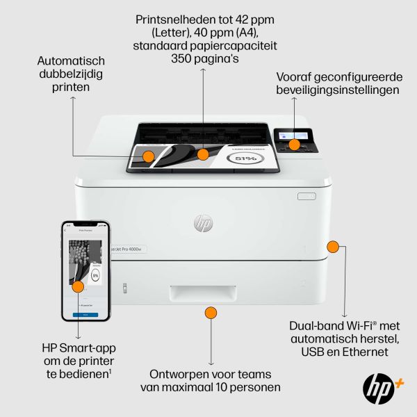 HP LaserJet Pro HP 4002dwe printer, Zwart-wit, Printer voor Kleine en middelgrote ondernemingen, Print, Draadloos; HP+; Geschikt voor HP Instant Ink; Printen vanaf een telefoon of tablet (2Z606F)
