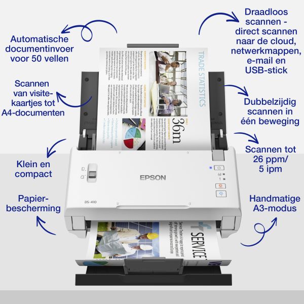 Epson WorkForce DS-410 compacte zakelijke sheet-fed A4-scanner met automatische documentinvoer voor 50 vellen en Document Capture Pro-software (B11B249401) Epson WorkForce DS-410 compacte zakelijke sheet-fed A4-scanner met automatische documentinvoer voor 50 vellen en Document Capture Pro-software (B11B249401)