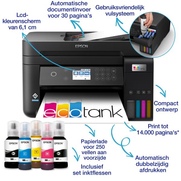 Epson EcoTank ET-3850 A4 multifunctionele Wi-Fi-printer met inkttank, inclusief tot 3 jaar inkt (C11CJ61402)