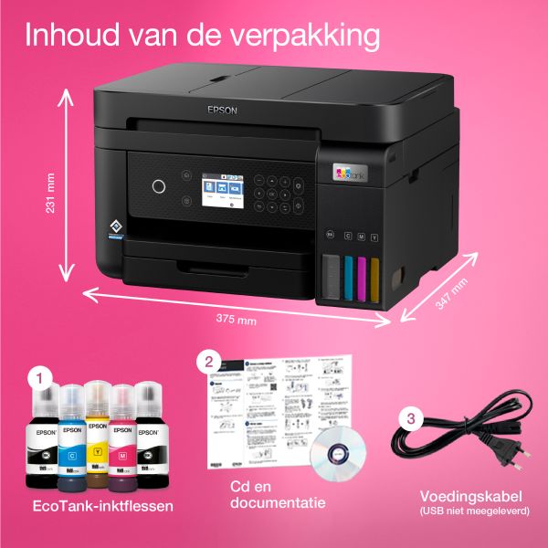 Epson EcoTank ET-3850 A4 multifunctionele Wi-Fi-printer met inkttank, inclusief tot 3 jaar inkt (C11CJ61402)