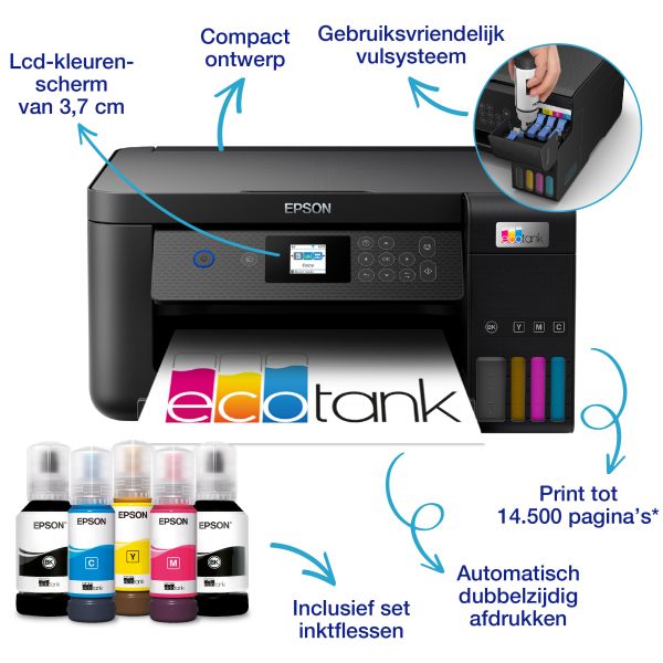 Epson EcoTank ET-2850 A4 multifunctionele Wi-Fi-printer met inkttank, inclusief tot 3 jaar inkt (C11CJ63405)