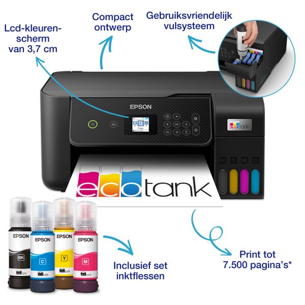 Epson EcoTank ET-2821 A4 multifunctionele Wi-Fi-printer met inkttank, inclusief tot 3 jaar inkt (C11CJ66405) Epson EcoTank ET-2821 A4 multifunctionele Wi-Fi-printer met inkttank, inclusief tot 3 jaar inkt (C11CJ66405)