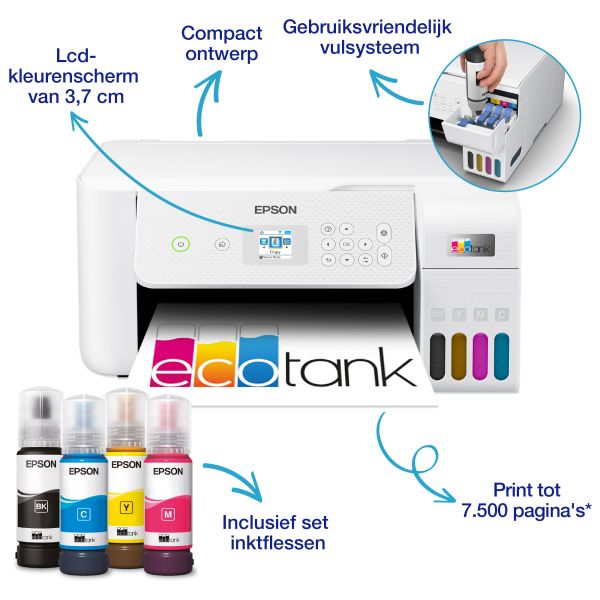 Epson EcoTank ET-2826 A4 multifunctionele Wi-Fi-printer met inkttank, inclusief tot 3 jaar inkt (C11CJ66406) Epson EcoTank ET-2826 A4 multifunctionele Wi-Fi-printer met inkttank, inclusief tot 3 jaar inkt (C11CJ66406)