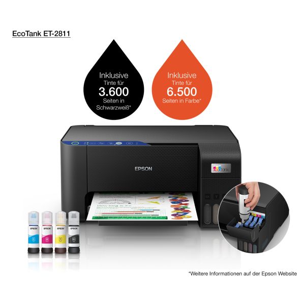 Epson EcoTank ET-2811 A4 multifunctionele Wi-Fi-printer met inkttank, inclusief tot 3 jaar inkt (C11CJ67404)