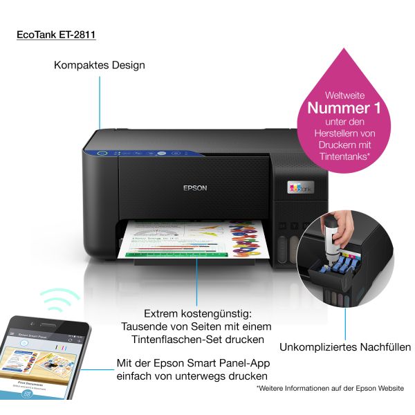 Epson EcoTank ET-2811 A4 multifunctionele Wi-Fi-printer met inkttank, inclusief tot 3 jaar inkt (C11CJ67404)