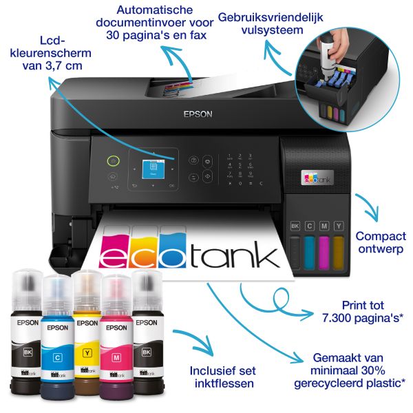 Epson EcoTank ET-4810 A4 multifunctionele Wi-Fi-printer met inkttank, inclusief tot 3 jaar inkt (C11CK57402)