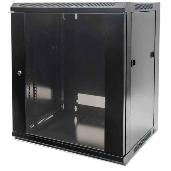 Intellinet 19" netwerkkast wand (standaard), 15U, 600 mm diep, zwart, bouwpakket, max. 60 kg, bruikbare diepte 410 mm, metalen & glazen deur, afneembare zijpanelen, montagemateriaal niet inbegrepen (711951)