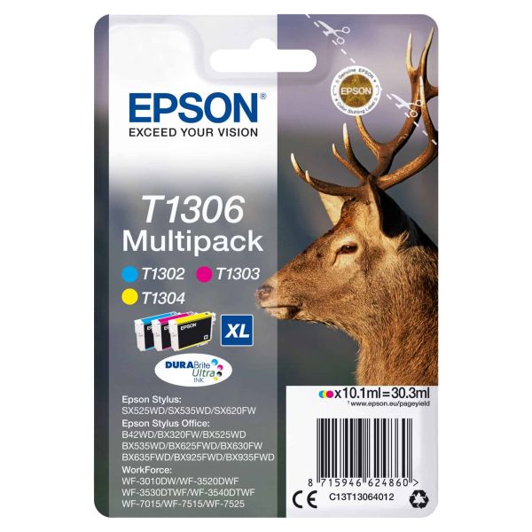 Epson Stag Multipack 3-kleur T1306 DURABrite Ultra Ink (C13T13064022) Epson Stag Multipack 3-kleur T1306 DURABrite Ultra Ink (C13T13064022)
