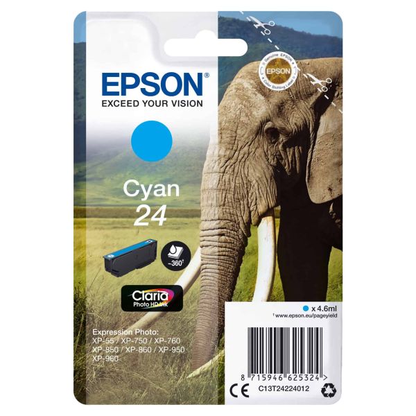 Epson Elephant Singlepack Cyan 24 Claria Photo HD Ink (C13T24224012) Epson Elephant Singlepack Cyan 24 Claria Photo HD Ink (C13T24224012)