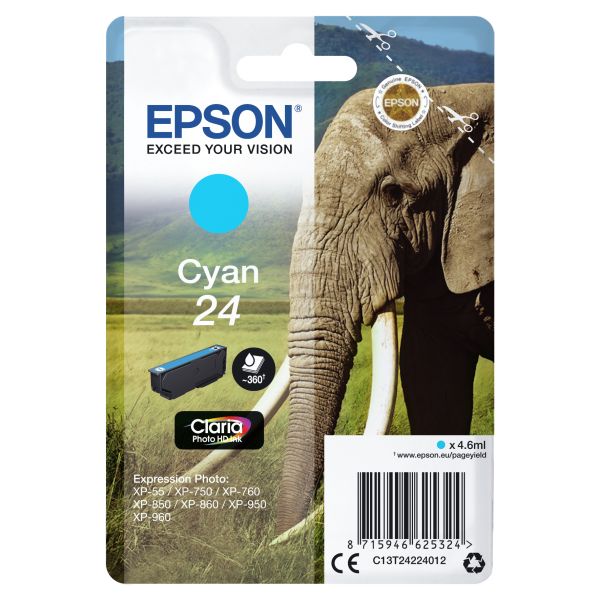 Epson Elephant Singlepack Cyan 24 Claria Photo HD Ink (C13T24224022)