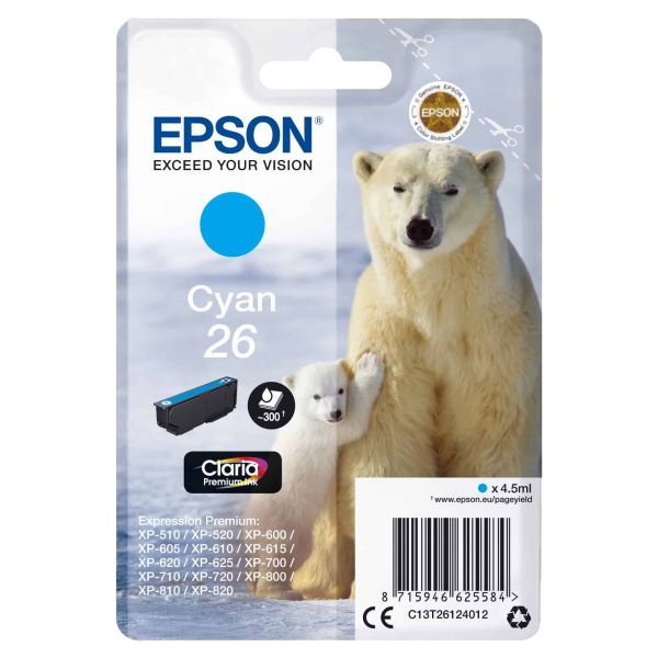 Epson Polar bear Singlepack Cyan 26 Claria Premium Ink (C13T26124012) Epson Polar bear Singlepack Cyan 26 Claria Premium Ink (C13T26124012)