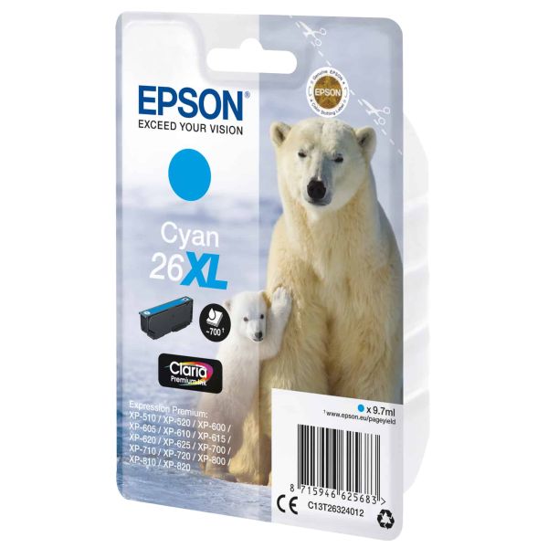 Epson Polar bear Singlepack Cyan 26XL Claria Premium Ink (C13T26324012)