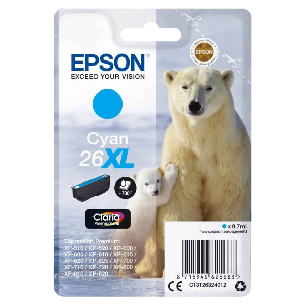 Epson Polar bear Singlepack Cyan 26XL Claria Premium Ink (C13T26324012) Epson Polar bear Singlepack Cyan 26XL Claria Premium Ink (C13T26324012)