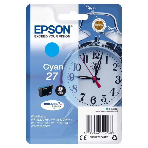 Epson Alarm clock Singlepack Cyan 27 DURABrite Ultra Ink (C13T27024022)