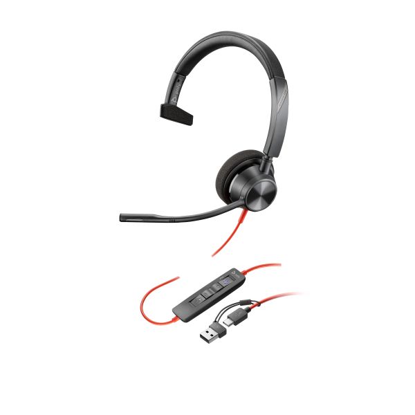 HP Poly Blackwire 3310 Monaural Microsoft Teams Certified USB-C Headset + USB-C/A adapter (8X216AA)
