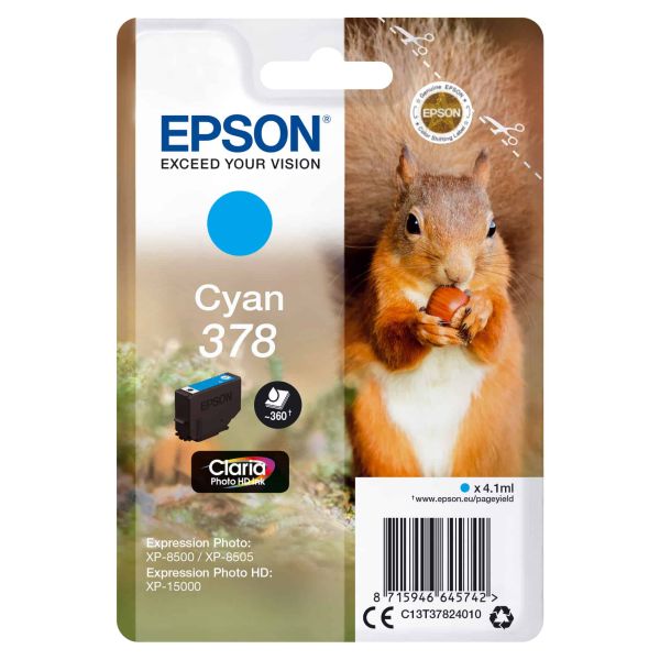 Epson Squirrel Singlepack Cyan 378 Claria Photo HD Ink (C13T37824010) Epson Squirrel Singlepack Cyan 378 Claria Photo HD Ink (C13T37824010)