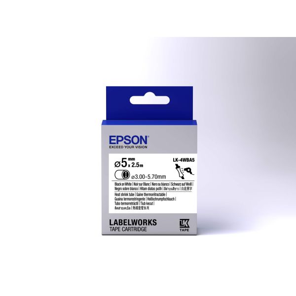 Epson Epson-etikettencassette krimpkous (HST) LK-4WBA5, zwart/wit D5 mm (2,5 m) (C53S654904)