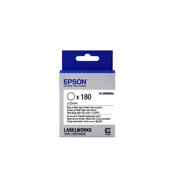 Epson -etikettencassette voorgesneden cirkel LK-8WBWAA, zwart/wit D25 mm (180 etiketten) (C53S658901)