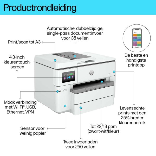 HP OfficeJet Pro HP 9730e Wide Format All-in-One printer, Kleur, Printer voor Kleine kantoren, Printen, kopiëren, scannen, HP+; geschikt voor HP Instant Ink; draadloos; dubbelzijdig printen; printen vanaf telefoon of tablet; automatische documentinvoer; U