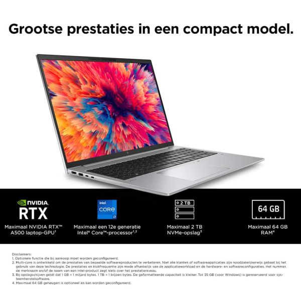 HP ZBook Firefly 16 G9 Mobiel werkstation 40,6 cm (16") Touchscreen WUXGA Intel® Core™ i7 i7-1255U 16 GB DDR5-SDRAM 512 GB SSD NVIDIA T550 Wi-Fi 6E (802.11ax) Windows 11 Pro Zilver (6B8F3EA#ABB)