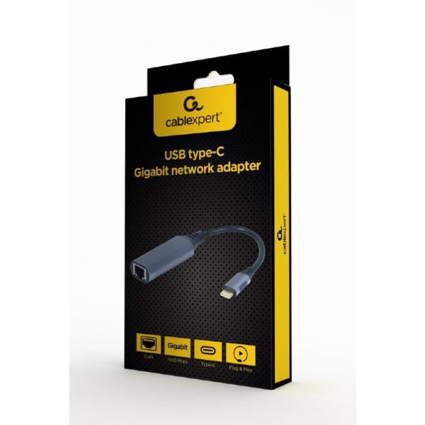 Gembird A-USB3C-LAN-01 interface hub USB 3.2 Gen 1 (3.1 Gen 1) Type-C 1000 Mbit/s Zwart, Grijs (A-USB3C-LAN-01)