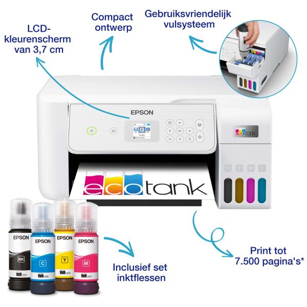 Epson EcoTank ET-2876 A4 multifunctionele Wi-Fi-printer met inkttank, inclusief tot 3 jaar inkt (C11CJ66423)