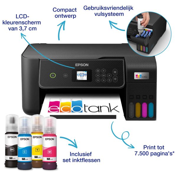 Epson EcoTank ET-2875 A4 multifunctionele Wi-Fi-printer met inkttank, inclusief tot 3 jaar inkt (C11CJ66424)