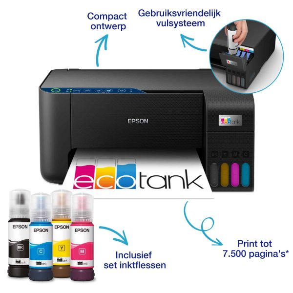 Epson EcoTank ET-2861 A4 multifunctionele Wi-Fi-printer met inkttank, inclusief tot 3 jaar inkt (C11CJ67429)