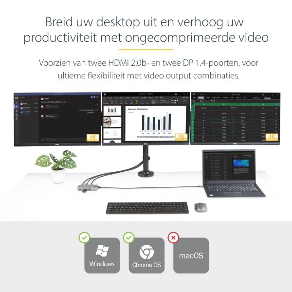 StarTech.com USB-C Triple Monitor Multiport Adapter, Dual 4K 60Hz + 4K 30Hz HDMI & DisplayPort, 3-Port USB Hub, 10Gbps, 100W PD Pass-Through, GbE, Travel Dock, Windows & ChromeOS (117B-USBC-MULTIPORT)