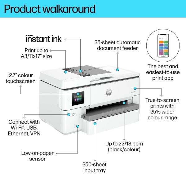 HP OfficeJet Pro HP 9720e Wide Format All-in-One printer, Kleur, Printer voor Kleine kantoren, Printen, kopiëren, scannen, HP+; geschikt voor HP Instant Ink; draadloos; dubbelzijdig printen; automatische documentinvoer; printen vanaf telefoon of tablet; s