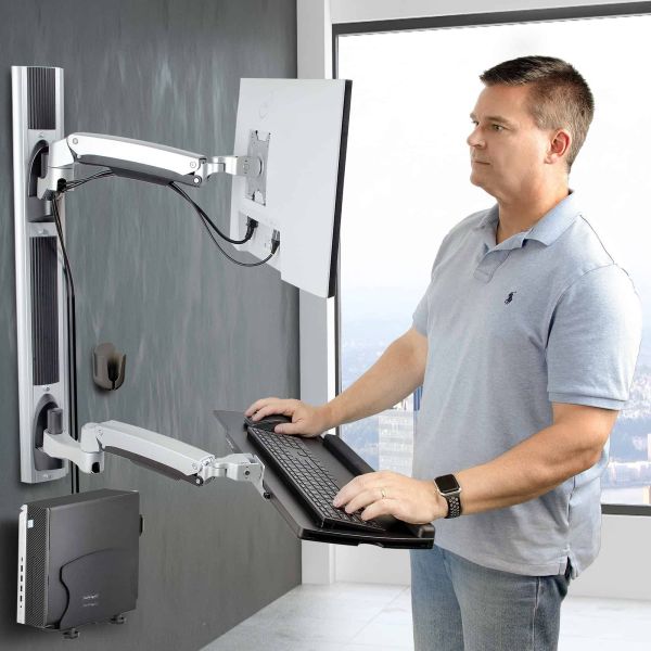 StarTech.com Wandmonteerbare Zit-Sta Werkplek, VESA-Beugel Voor 32" Scherm (10kg), Volledig Scharnierende Monitorarm & Toetsenbordhouder (2PASTSC-WALL-MOUNT)