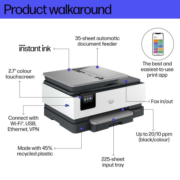 HP HP OfficeJet Pro 8134e All-in-One printer, Kleur, Printer voor Home, Printen, kopiëren, scannen, faxen, Geschikt voor HP Instant Ink; automatische documentinvoer; touchscreen; stille modus; printen via VPN met HP+ (40Q46B#629)