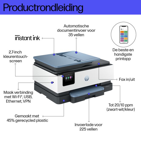 HP OfficeJet Pro 8135e Draadloos All-in-One Kleur Printer, Instant Ink; Dubbelzijdig printen (40Q47B#629) HP OfficeJet Pro 8135e Draadloos All-in-One Kleur Printer, Instant Ink; Dubbelzijdig printen (40Q47B#629)