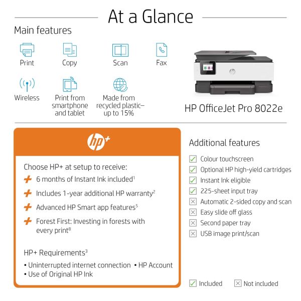 HP OfficeJet Pro HP 8022e All-in-One-printer, Kleur, Printer voor Home, Printen, kopiëren, scannen, faxen, HP+; Geschikt voor HP Instant Ink; Automatische documentinvoer; Dubbelzijdig afdrukken (229W7B#629)