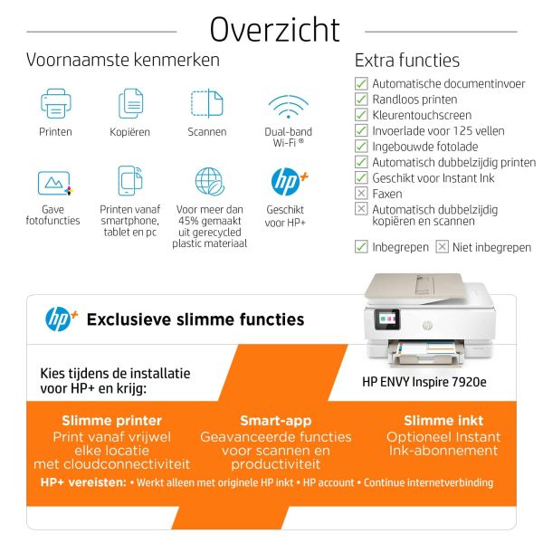 HP ENVY HP Inspire 7920e All-in-One printer, Kleur, Printer voor Thuis en thuiskantoor, Printen, kopiëren, scannen, Draadloos; HP+; Geschikt voor HP Instant Ink; Automatische documentinvoer (242Q0B#629)