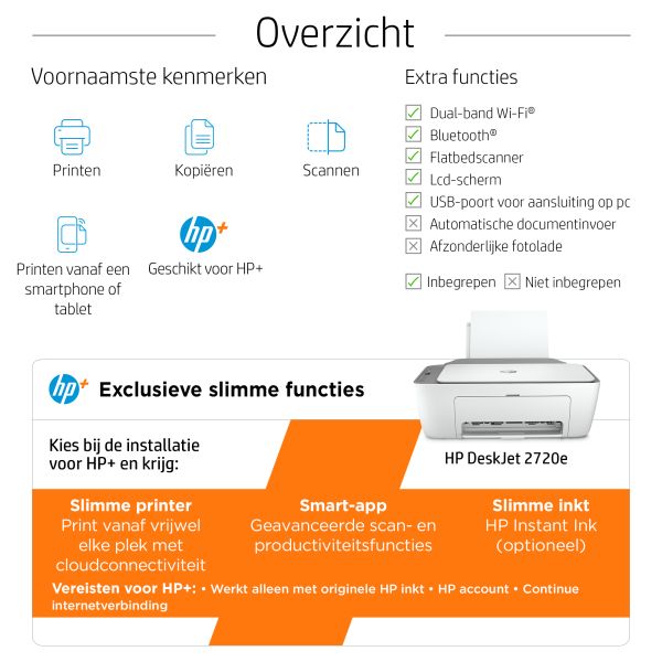 HP DeskJet 2720e Draadloos All-in-One Kleur Printer, Instant Ink; Kopieerapparaat, scanner (26K67B#629)