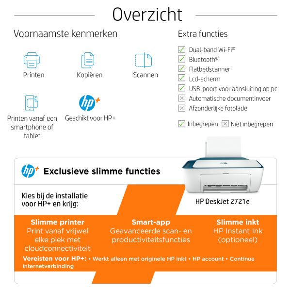 HP DeskJet 2721e Draadloos All-in-One Kleur Printer, Instant Ink; Kopieerapparaat, scanner (26K68B#629)