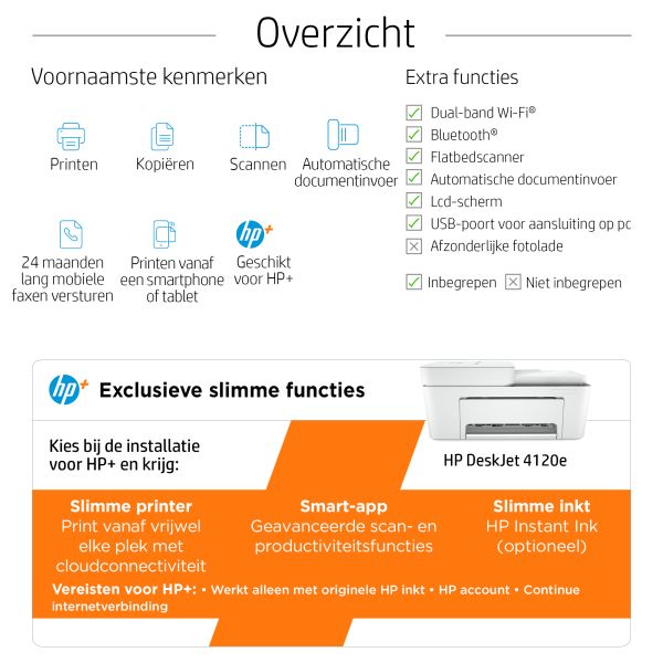 HP DeskJet 4120e Draadloos All-in-One Kleur Printer, Instant Ink; Kopieerapparaat, scanner (26Q90B#629) HP DeskJet 4120e Draadloos All-in-One Kleur Printer, Instant Ink; Kopieerapparaat, scanner (26Q90B#629)