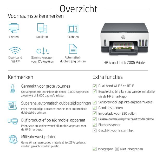 HP Smart Tank 7005 All-in-One, Printen, scannen, kopiëren, draadloos, Scans naar pdf (28B54A#BHC)